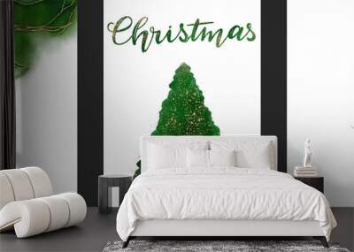 Set of abstract poster handmade green watercolor background. Silhouette of Christmas tree isolated on a white background. Christmas lettering. Golden shiny veins and cracked marble texture. Wall mural