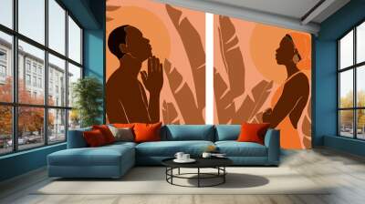 Set of profile portrait african woman and man stands with large tropical monstera, banana, palm leaves. Night or morning landscape with sun or moon background. Vector illustration in Flat style. Wall mural