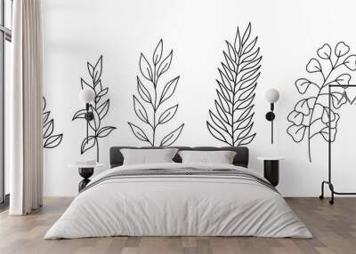 Vector hand drawn set of various silhouette branches with leaves in outline technique on the white background. Wall mural