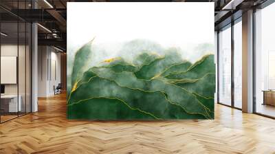 Watercolor background drawn by brush. Green paints spilled on paper. Golden shiny veins and cracked marble texture. Elegant luxury wallpaper for design, print, invitations. Wall mural