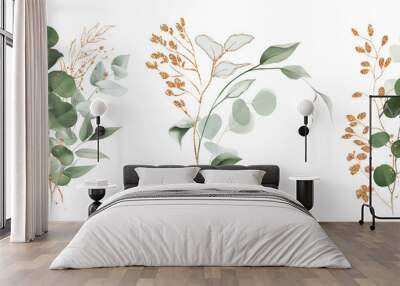 Watercolor bouquet of leaves and eucalyptus branch with gold. Botanical herbal illustration for wedding or greeting card. Hand painted spring composition isolated on white background. Wall mural