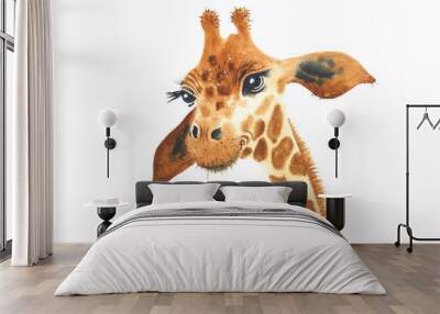 A poster with a baby giraffe. Watercolor giraffe animal illustration isolated in white background. Wall mural