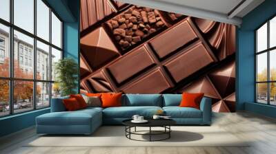 Assorted chocolate bars with different textures and patterns. Gourmet food background for dessert concepts. Wall mural