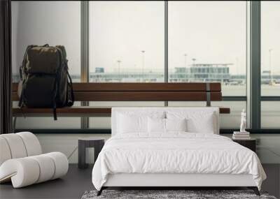 Backpack is resting on a bench in an empty airport terminal, with airplanes visible in the background through large windows Wall mural