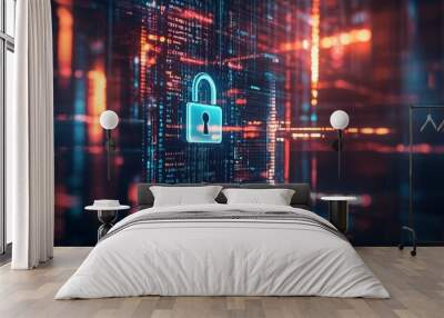 Blue and red neon lock icon with encrypted code in a digital matrix. Represents cyber security and data protection. Wall mural