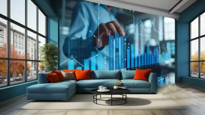 Business person analyzing digital financial data on a screen. Modern technology and financial analytics background. Data-driven decision-making and business intelligence Wall mural