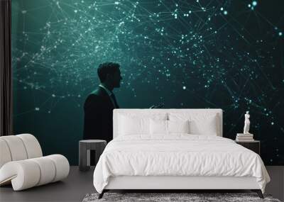 Businessman observing a green digital network spreading through the air. Technology and innovation concept for future data analysis and AI. Wall mural