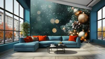 Close-up of a Christmas tree decorated with golden baubles and pine cones. Ideal for seasonal greetings and festive backgrounds. Wall mural