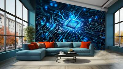 Close-up view of microchip on circuit board with intricate details and glowing lights. Futuristic technology concept. Wall mural