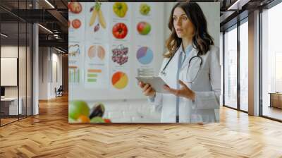 Concerned dietitian with a clipboard discussing nutrition in a kitchen with food charts and fresh produce. Emphasizing the importance of balanced diet and health education. Wall mural