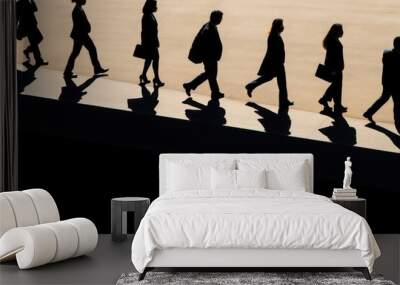 Dark silhouettes of people walking in line casting shadows on road Wall mural