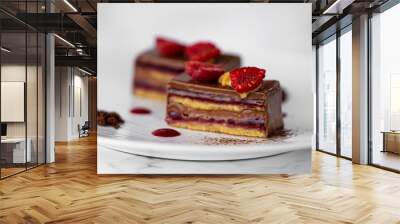 Delicious chocolate and raspberry cake slice dessert Wall mural