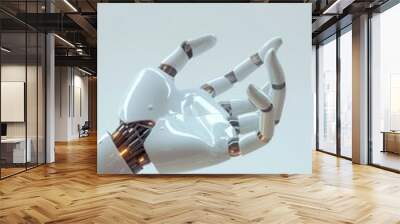 Dynamic scene of two robotic hands reaching towards each other with glowing elements. AI technology concept. Wall mural