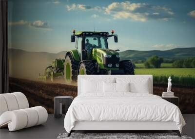 Efficient Crop Harvest: Tractor Combine Harvester in Cereal Agriculture Field. Wall mural