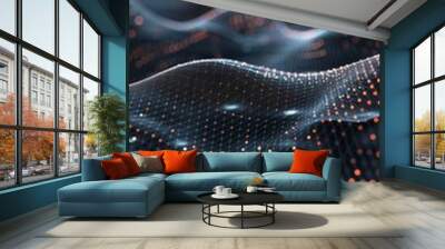 Elegant digital wave pattern with glowing particles on a dark background creating a sophisticated look. Ideal for modern technology, data visualization, and design themes Wall mural