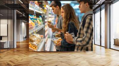 Group of teenagers selecting snacks in supermarket. Youth consumer culture and group shopping dynamics Wall mural