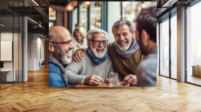 Lifelong friends reunion, Senior men gather at a cafe, their table adorned with drinks, discuss life Wall mural