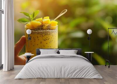 Mango chia pudding in a glass jar with fresh mango cubes against a green background. Tropical summer dessert. Wall mural