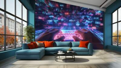 Person typing on laptop with glowing data streams cascading, symbolizing programming and software engineering. Wall mural