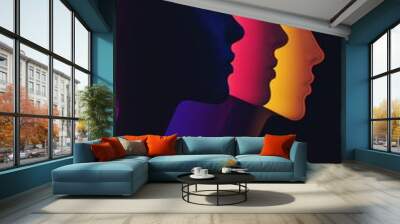 Profile silhouettes of three people in different colors representing diversity and inclusion. Vibrant tones symbolizing unity. Wall mural