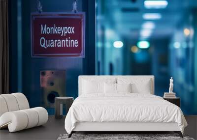 Quarantine warning sign for monkeypox in hospital hallway. Indicates a controlled healthcare response to prevent virus spread during outbreak. Wall mural