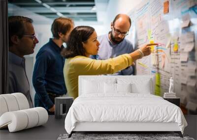 Researchers conversation around a whiteboard, showcasing notes and diagrams, research synergy Wall mural