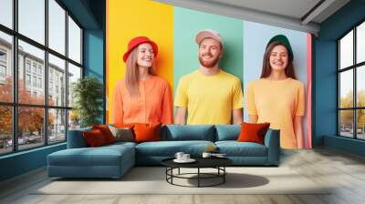 Row of diverse young people in colorful clothing against color blocks. Concept of diversity, inclusion, and unity through bright colors and joyful expressions. Wall mural