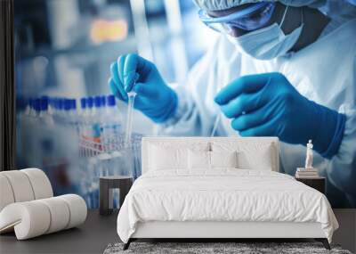 scientist handling a micro pipette, with the lab high-tech equipment. Modern and pristine laboratory Wall mural