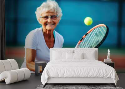 senior woman in glasses holds a tennis racket and ball, active sports game on the court Wall mural