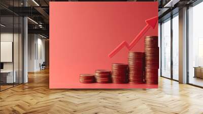 Stacks of coins with a red arrow pointing upward on a red background. Financial growth and investment concept. Ideal for economic and financial presentations Wall mural