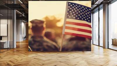 Sunset flag ceremony with soldier. Celebrating Veterans Day and Memorial Day. Wall mural