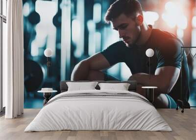 Tired athlete taking a break after a gym workout, sitting in a thoughtful pose surrounded by fitness equipment Wall mural