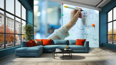 Woman writing on a whiteboard with colorful diagrams during a brainstorming session. Business strategy planning concept Wall mural