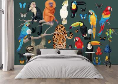 Big vector set of tropical animals and birds Wall mural