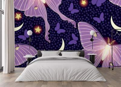 Pink moon moth with stars vector seamles pattern Wall mural