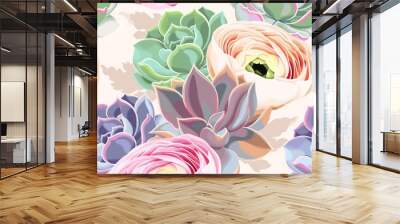 Seamless flowers and succulents Wall mural