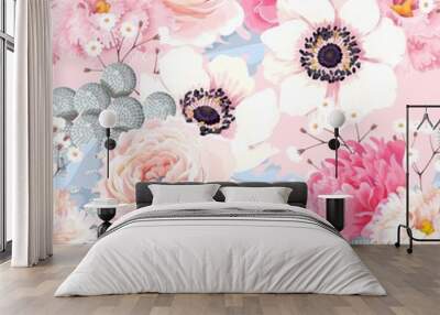 Seamless pattern with anemones and roses Wall mural