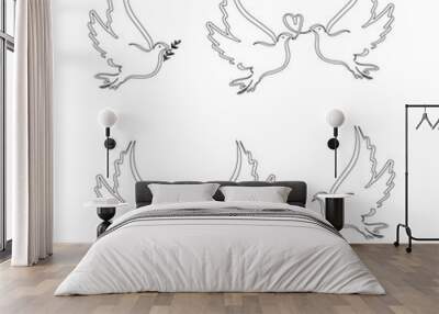 A set of birds. Line. A pigeon holds a heart, a branch in its beak. Valentine's Day, wedding. Vector. Wall mural