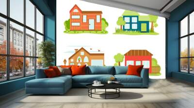 Modern houses. Home facade with trees and windows. Wall mural