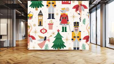 Merry Christmas, New Year seamless pattern set with Ballerina, Mouse King and Nutcracker. Christmas card with three and toys Wall mural