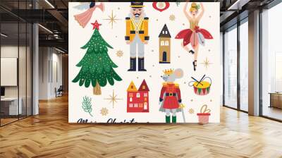 Merry Christmas, New Year set with Ballerina, Mouse King and Nutcracker. Christmas card with three and toys Wall mural