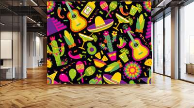 Seamless vector pattern with mexican elements - guitar, sombrero, tequila, taco, skull on black. Perfect artistic background for your design. Wall mural