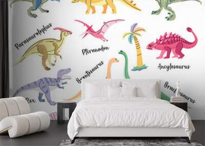 Set of cute bright dinosaurs including T-rex, Brontosaurus, Triceratops, Velociraptor, Pteranodon, Allosaurus, etc. Isolated on white Trend illustration for kid Wall mural