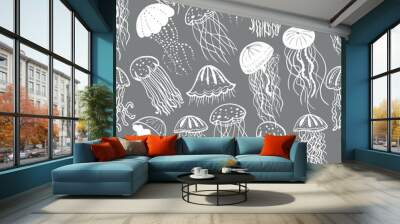 Vector illustration of different white silhouettes jellyfish seamless surface pattern. Sea background of fish. Wall mural