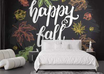 Background with Ink hand drawn maple leaves. Autumn elements composition with brush calligraphy style lettering. Vector illustration. Wall mural