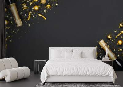 Christmas and New Year background. Champagne bottle, golden christmas balls, festive ribbons, star confetti on black background top view. Flat lay holiday card. Party concept Festive decorations 2020 Wall mural