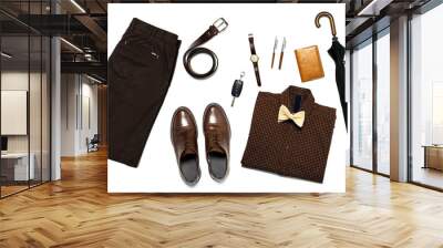 Flat lay set Men's classic clothing, jacket pants shirt bow tie leather belt shoes wrist watch wallet pens umbrella cane car keys isolated items on white background top view. Male fashion, business Wall mural