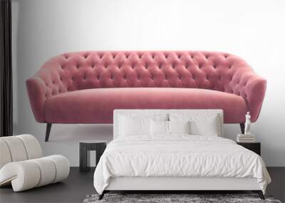 Modern fashionable stylish pink sofa with carriage stitch, buttons, with legs on isolated white background. Furniture, interior object, stylish sofa. Romantic female sofa Wall mural