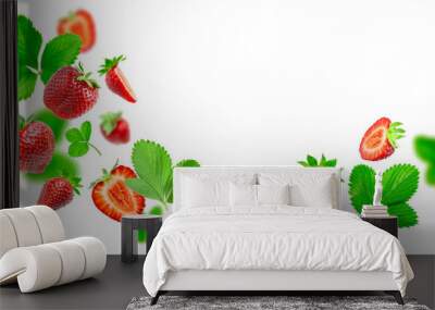 Ripe fresh flying red strawberry, green leaves isolated on white background. Strawberry pattern Summer delicious sweet berry organic fruit food diet vitamins creative layout. Whole and halved berries Wall mural