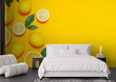 Ripe juicy lemons, orange and green leaves on bright yellow background. Lemon fruit, citrus minimal concept, vitamin C. Creative summer minimalistic background. Flat lay, top view, copy space. Wall mural